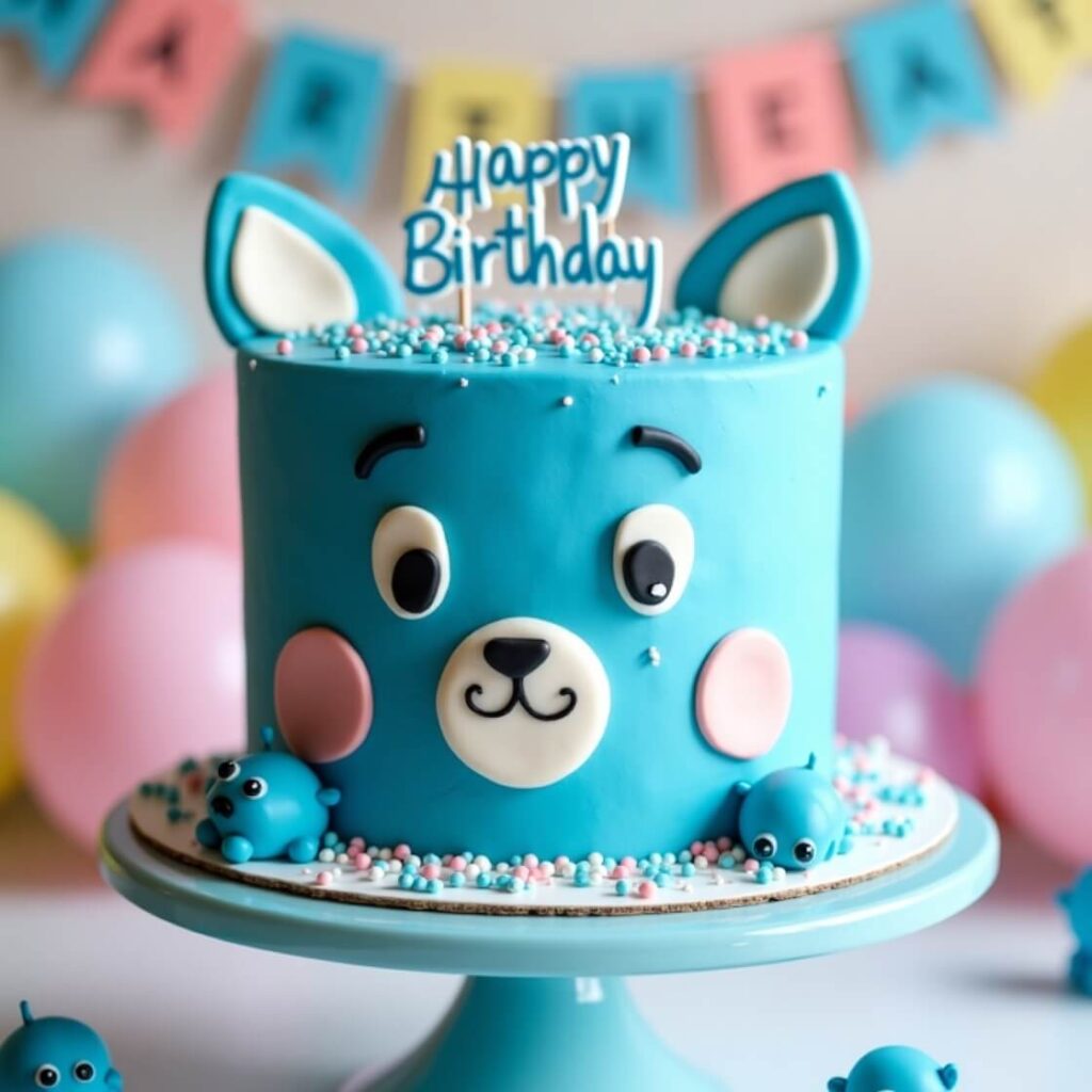 Bluey birthday cake with blue and white vegan frosting, topped with Bluey face design and sprinkles.