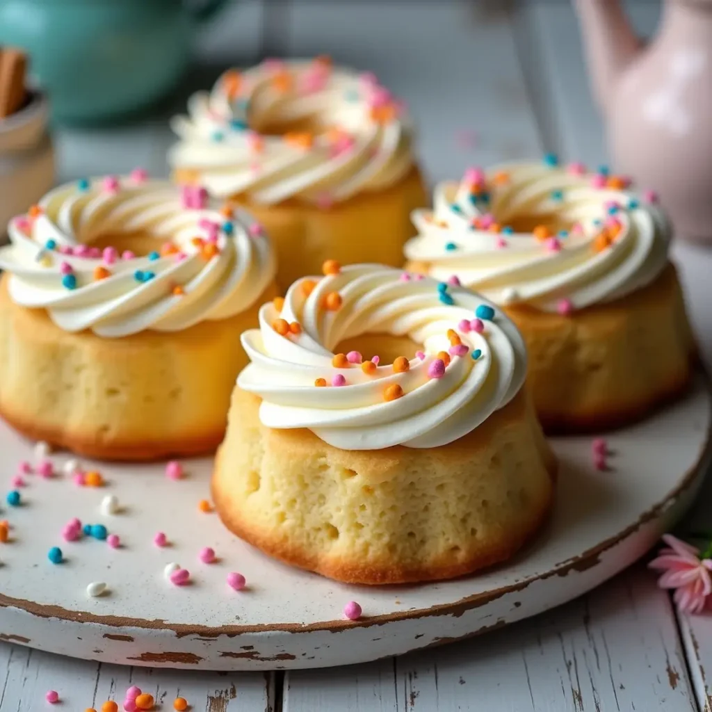 Top view of glazed mini bundt cakes with lemon zest and berries on a white plate