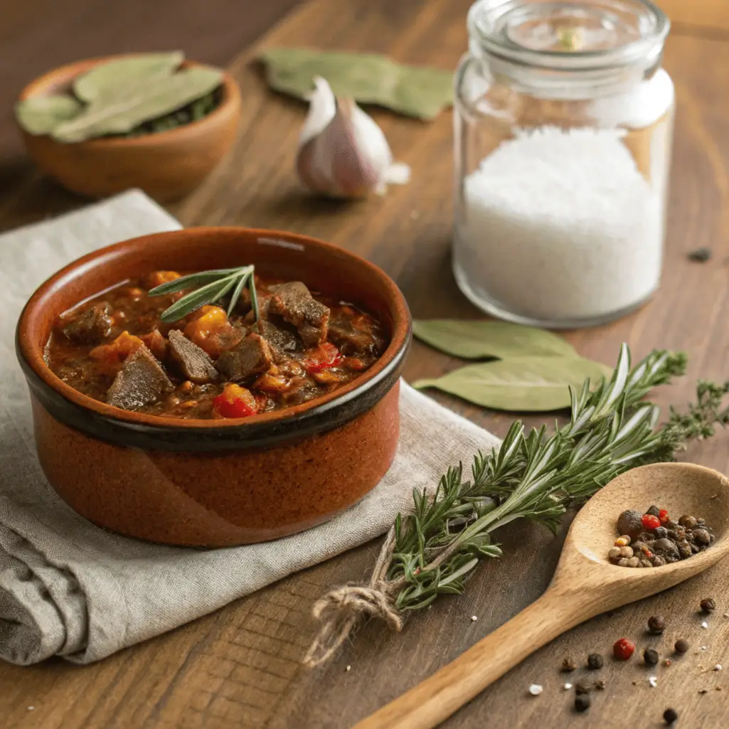 Beef Stew Seasoning blend in a small ceramic bowl with paprika, garlic powder, thyme, and other spices on a rustic wooden surface – perfect for homemade comfort food.