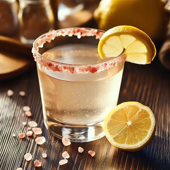 Glass of pink salt water with lemon for diet trick