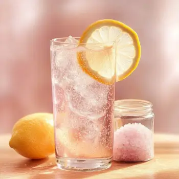 glass with pink salt trick ingredients on counter