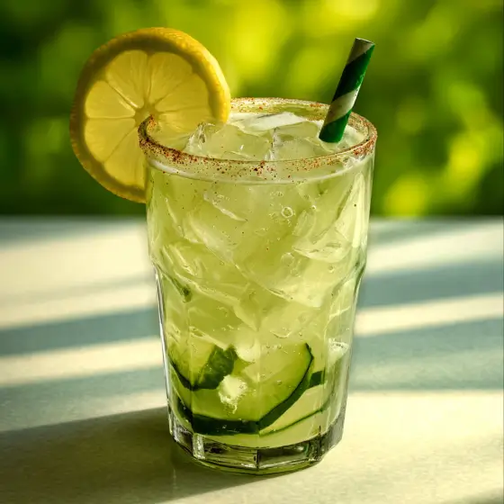 popeye pickle lemonade drink with lemon and pickle garnish