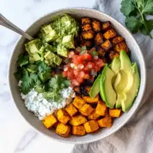 sweet potato taco meat cottage cheese bowl with toppings