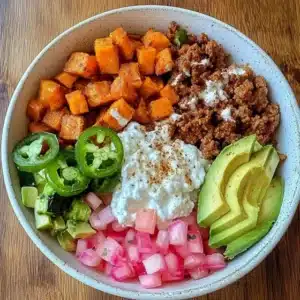 Sweet potato taco cottage cheese bowl with taco meat and avocado