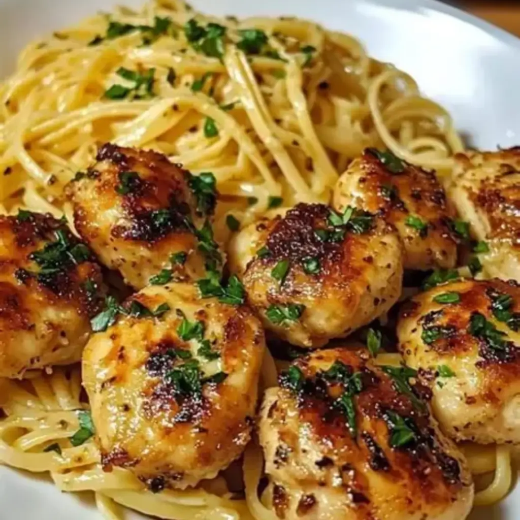 Lemon Garlic Butter Chicken Bites With Savory Parmesan Linguine Easy Bright and Delicious